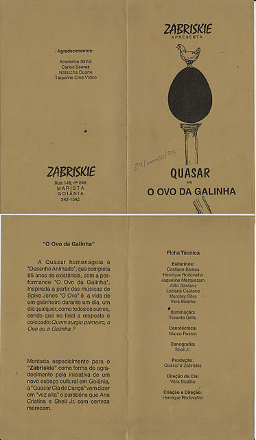 Programa da Obra "O ovo da Galinha" (1993), Criação Henrique Rodovalho para Quasar Cia de Dança. Fonte: Reprodução Blog Quasar.